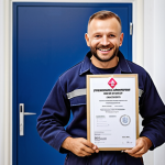 **

A Polish electrician proudly displaying his SEP certificate (Stowarzyszenie Elektryków Polskich). He is smiling confidently, wearing appropriate work attire (PPE), with a modern electrical panel in the blurred background. The image should convey professionalism and trustworthiness in the Polish electrical industry.

**