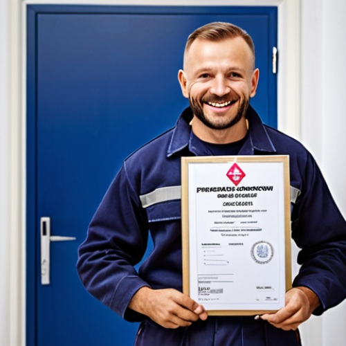 **

A Polish electrician proudly displaying his SEP certificate (Stowarzyszenie Elektryków Polskich). He is smiling confidently, wearing appropriate work attire (PPE), with a modern electrical panel in the blurred background. The image should convey professionalism and trustworthiness in the Polish electrical industry.

**