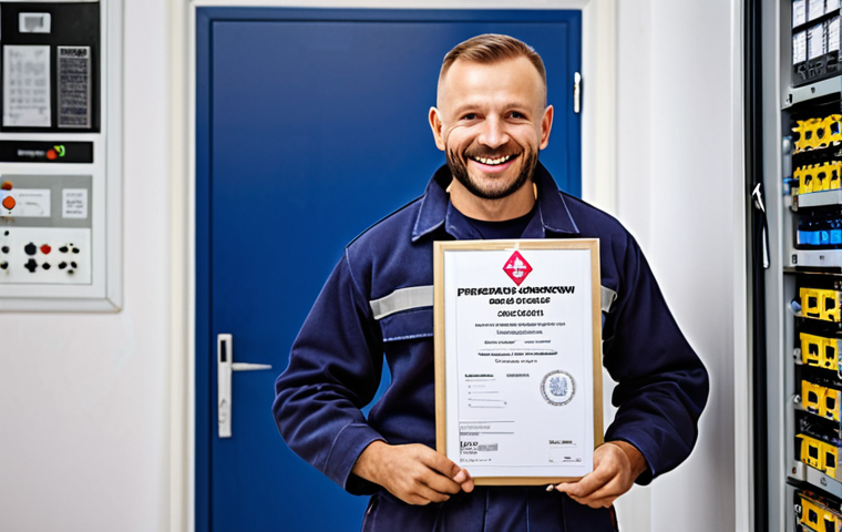 **
A Polish electrician proudly displaying his SEP certificate (Stowarzyszenie Elektryków Polskich). He is smiling confidently, wearing appropriate work attire (PPE), with a modern electrical panel in the blurred background. The image should convey professionalism and trustworthiness in the Polish electrical industry.
**