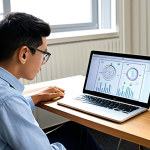 A focused young professional, fully clothed in a modest button-up shirt and trousers, sitting at a clean, modern desk. They are studying electrical diagrams and textbooks for the G1 electrical qualification exam, with a laptop open displaying technical schematics. The background is a well-lit, quiet study room. The subject has perfect anatomy, correct proportions, and a natural pose, with well-formed hands and proper finger count. The image conveys dedication and intellectual pursuit, safe for work, appropriate content, family-friendly, professional photography, high quality.